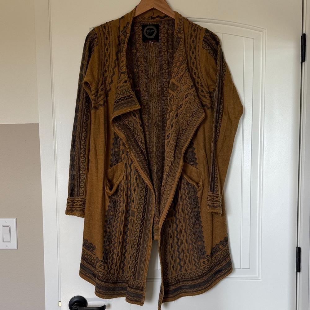 BIYA by Johnny Was Gold and Gray Patterned Open Front Sweater S
